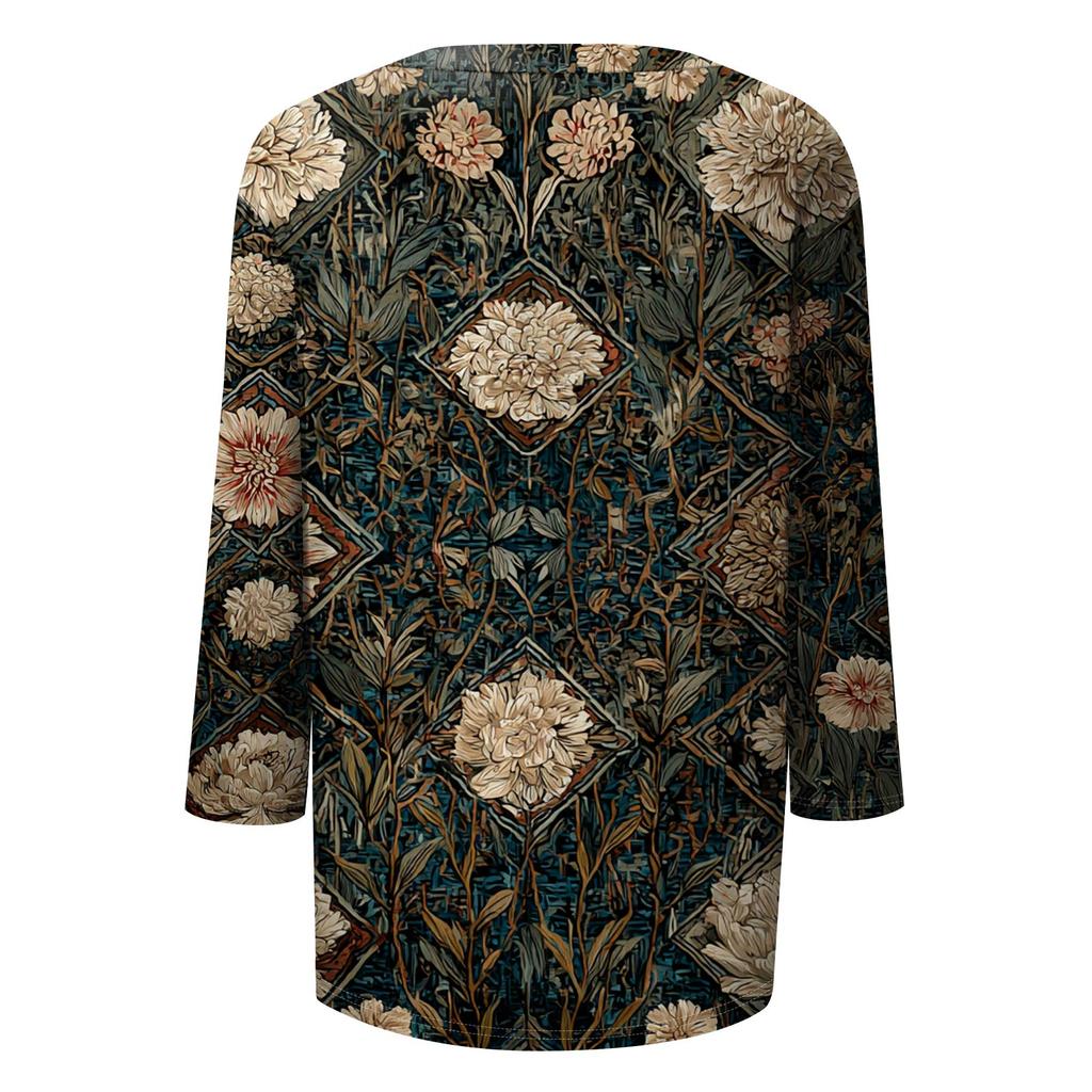 Trendy Vintage 3/4 Sleeve Top For Women ,Ladies Casual Three Quarter Sleeve Round Collar Printed T-Shirt Blouse