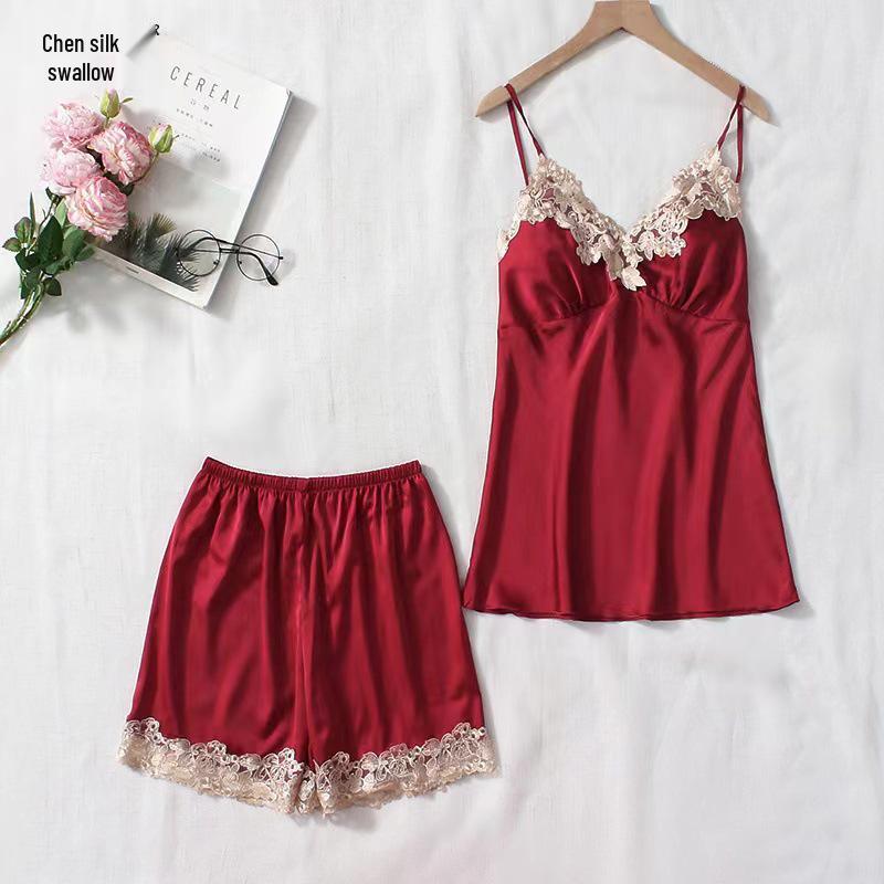 Women's Summer Silk Pajama Set: 5-Piece Long Sleeve, Lace Trim Camisole, Shorts & Pants