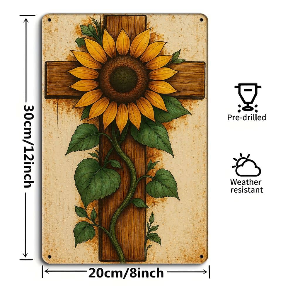 Vintage Sunflower Cross Metal Sign, 8x12 Inch.