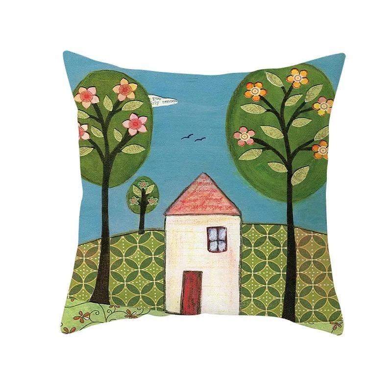 Home Decor Colorful Tree & Flower Pattern Pillow Covers Pattern Cushion Cover Suitable For Sofa Bedroom Car Pillow Cover