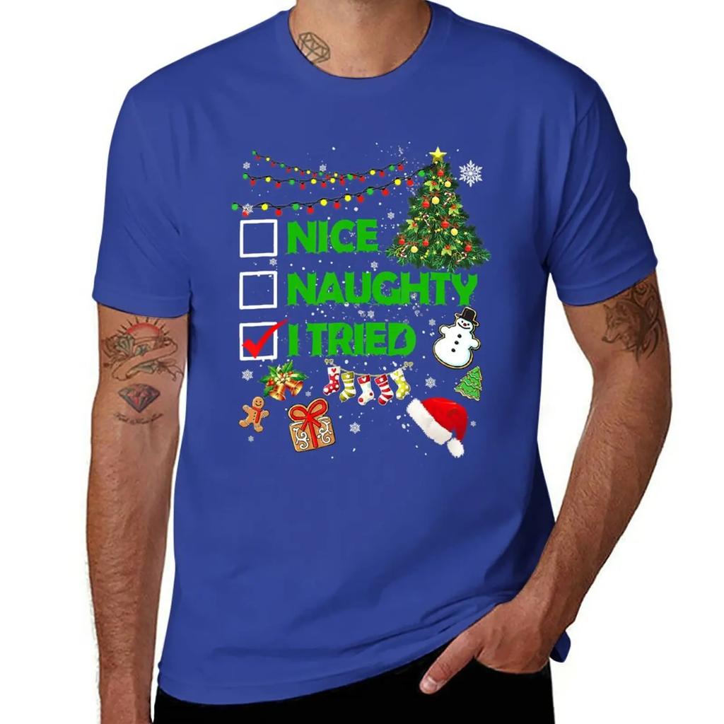 New Christmas Nice Naughty I Tried Xmas Tree Light Pajamas T-Shirt Shirts Graphic Tees Graphic T Shirts Black T Shirts for Men