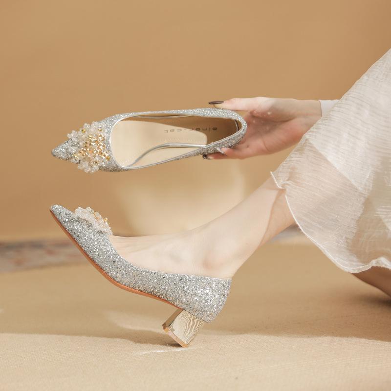 5306-2 Pointed High Heels Spring 2025 New French Sequined Bridal Wedding Shoes Thick Heel Light Mouth Single Shoes