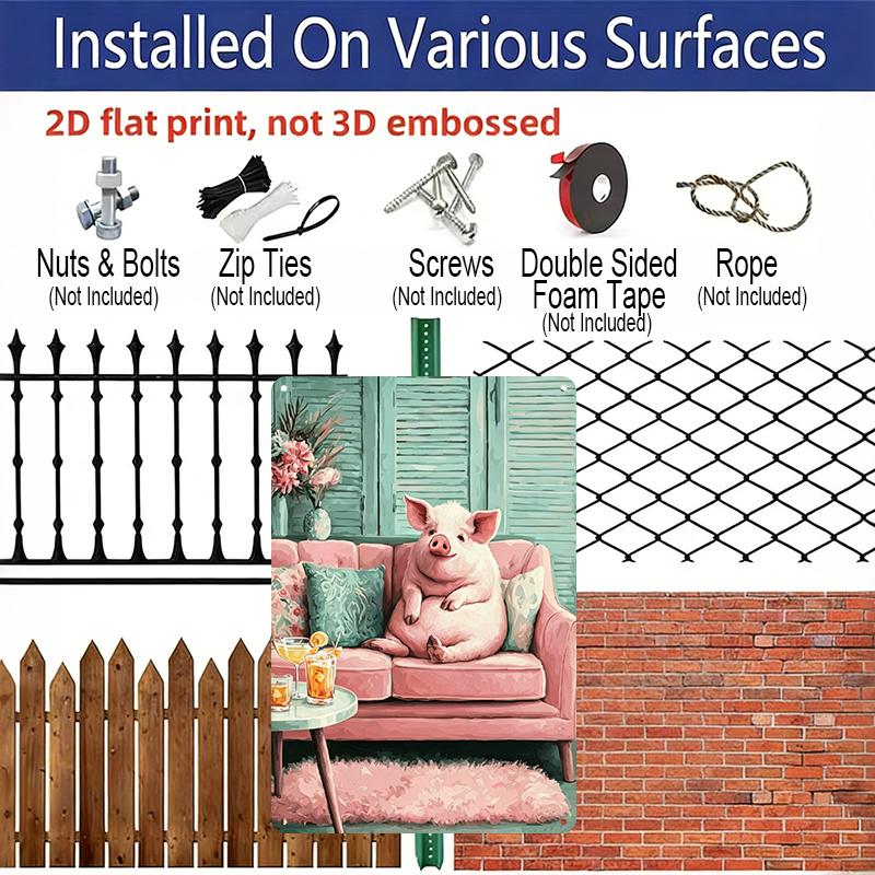 2D Flat, Cute Pig Relaxing on Couch Aluminum Sign - Retro Funny Animal Wall Decor Living Room, Man Cave, Bar Decor, Game Room, Funny Home Decor, Pig