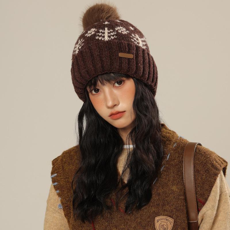 Hat Women's Fashion Snowflake Range Knitted Wool Hat Autumn and Winter Windproof Warm Casual Hat