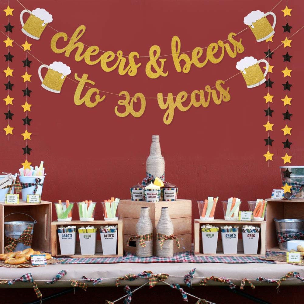 Cheers & Beers to 30 Years Gold Glitter Banner - 30th Birthday Decorations for Him/Her - 30th Birthday Gifts - 30 Years Anniversary Decorations -