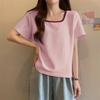 Women's Contrast Trim Square Neck T-Shirt Casual Loose Short Sleeve Solid Color Basic Daily Top