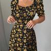Ruffle Edge Dress Women Puff Sleeves Printed Slim Fit Spring Summer Size S-XXL