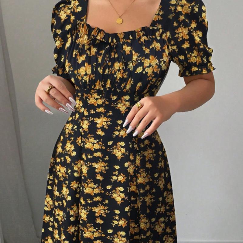 Ruffle Edge Dress Women Puff Sleeves Printed Slim Fit Spring Summer Size S-XXL
