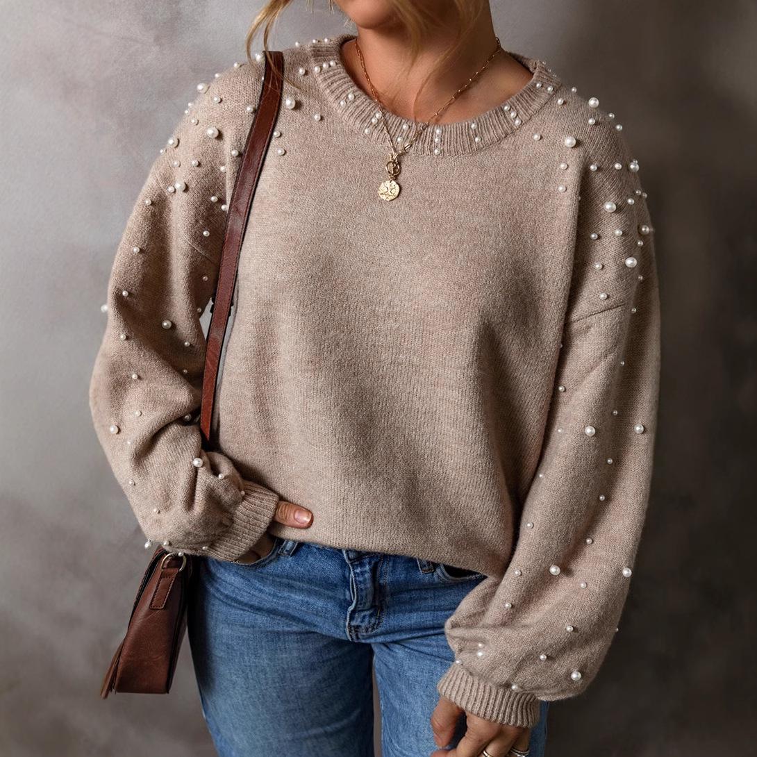 

Shiying Beaded Round Neck Knit Sweater - Women s Plus Size Winter Pullover, European/American Style. 2XL хакі