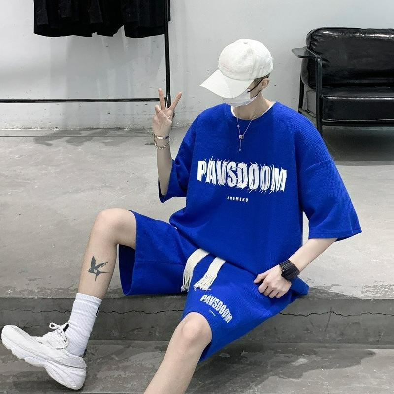 Вафельный Повседневный Спортивный Костюм Мужской Летний Большого Размера Красивый Модный Шорты Короткий Рукав Комплект Летний Тонкий 5XL синий