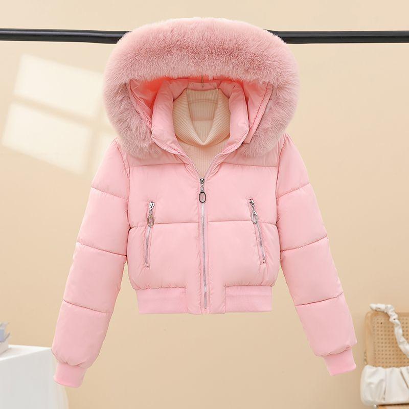 Giacca Invernale Corta, Spessa, Calda in Cotone da Donna con Cappuccio, Foderata in Pile, Monocolore, per Donne Petite