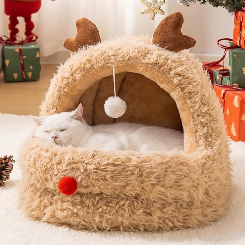 Winter Cozy Insulated Pet House Quilted Fluffy Bed for Cats Christmas Pet Gift Warmth Scented Plush Dogs House Large Capacity