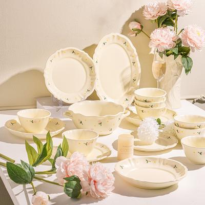 Cream Tulip Ceramic Bowl Plate Small Fresh Tableware Set Household Rice Bowl Ceramic Plate Binaural Bowl Underglaze Color