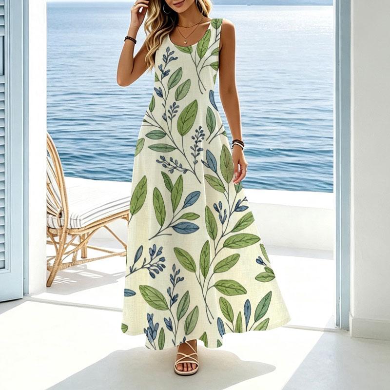 Summer Sleeveless Maxi Dress,Fresh Botanical Print,Lightweight,Breathable Comfortable Perfect for Beach,Daily Wear Travel Photos