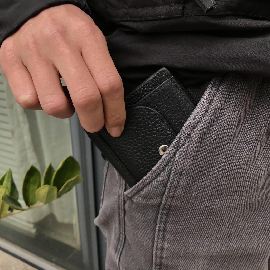 Bearneko Mini-Brieftasche, Dünnes Echtes Leder, Für Damen und Herren, Klein, Kompakt, Ultraleicht, mit Münzfach, Unisex (Schwarz)