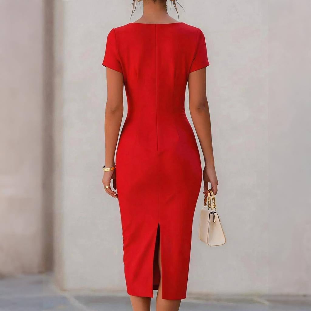 Rochie elegantă midi cu drapaje în talie pentru femei, cu mâneci scurte, decolteu bărcuță, bodycon, pentru evenimente formale și petreceri