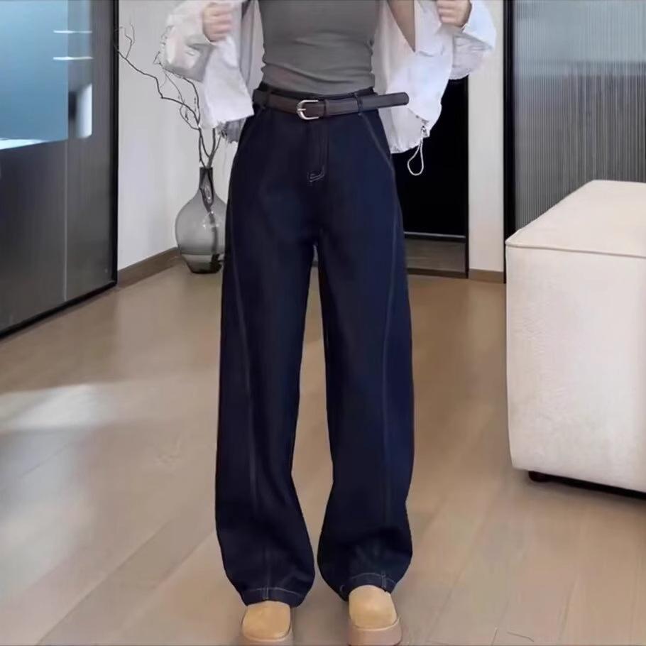 

Women s 2025 Winter Blue Fleece-Lined High-Waisted Wide-Leg Jeans – Slimming, Stylish & Floor-Length Medium темно-синий