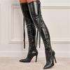 Новые дизайнерские туфли с кисточками до бедра для женщин, сексуальные ботфорты на молнии с острым носком, каблук-стилет, размеры 35-42