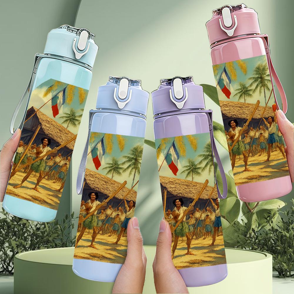 1PC Tropical Beach Hut Landscape 750ml Color Plastic Sports Water Bottle Leakproof Flip Straw Lid For Sports Office Home Use