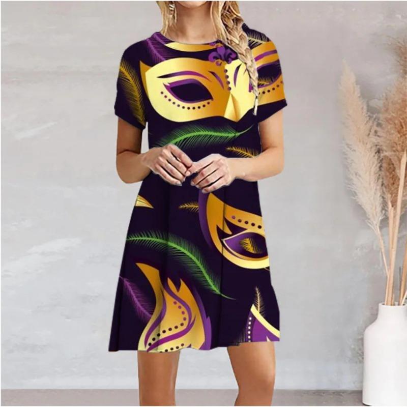 3D Printed Women's Loose O-Neck Pullover Dress Floral Print Comfortable Casual Short Sleeved Dress