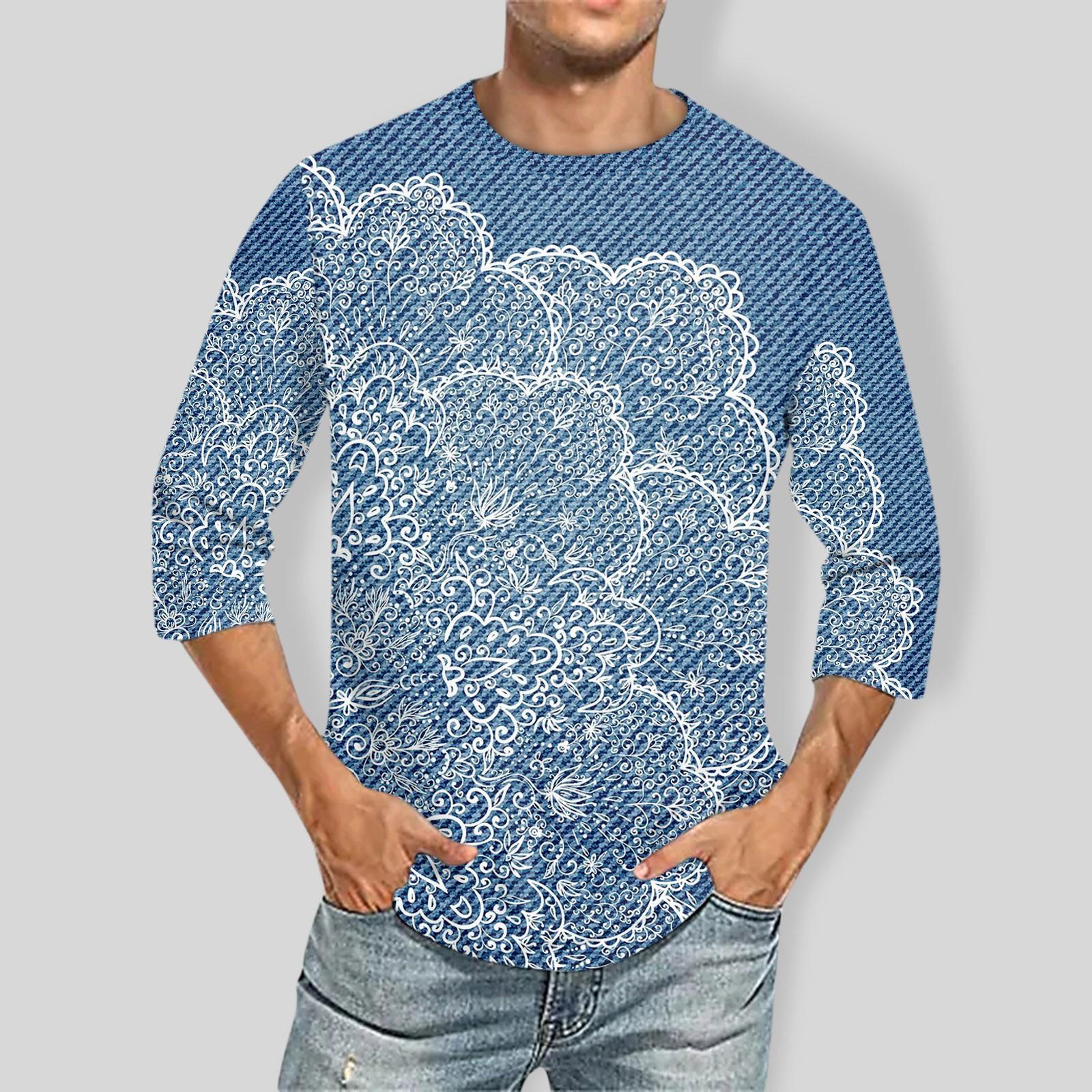 

Мужская однотонная футболка с круглым вырезом и рукавами три четверти L синий