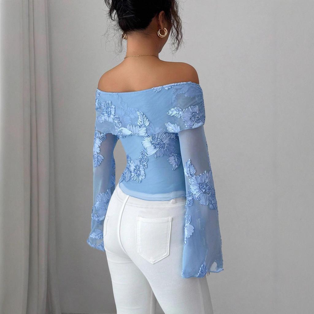 DAFIFY Women's Fashion Casual Spring Autumn Flower Pattern Print Long Sleeve One Shoulder Blouses & Shirts