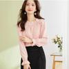 Casual Solid Color Butterfly Bow Sense of Design Blouse Women Long Sleeve O-collar All-match Pleated Chiffon Pullover Shirt