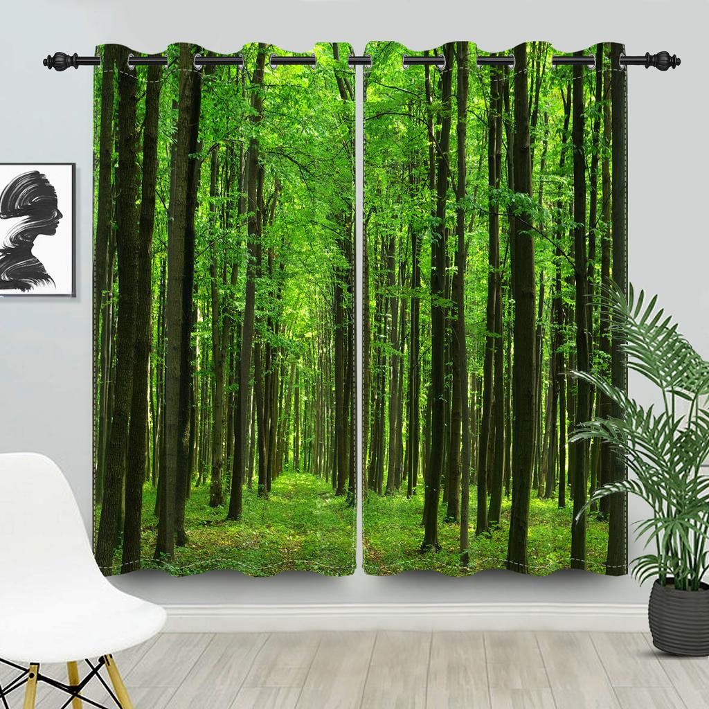 2pcs/set Blackout Curtains Sunny Forest Natural Green Space Landscape Polyester Window Bedroom Kitchen Home Interior Curtains
