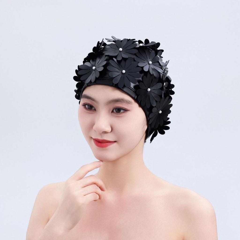 2026 PU Waterproof Swimming Cap Female Double Thickened Handmade Three-dimensional Single-layer Three-layer Flowers Fashion Female Swimming Cap