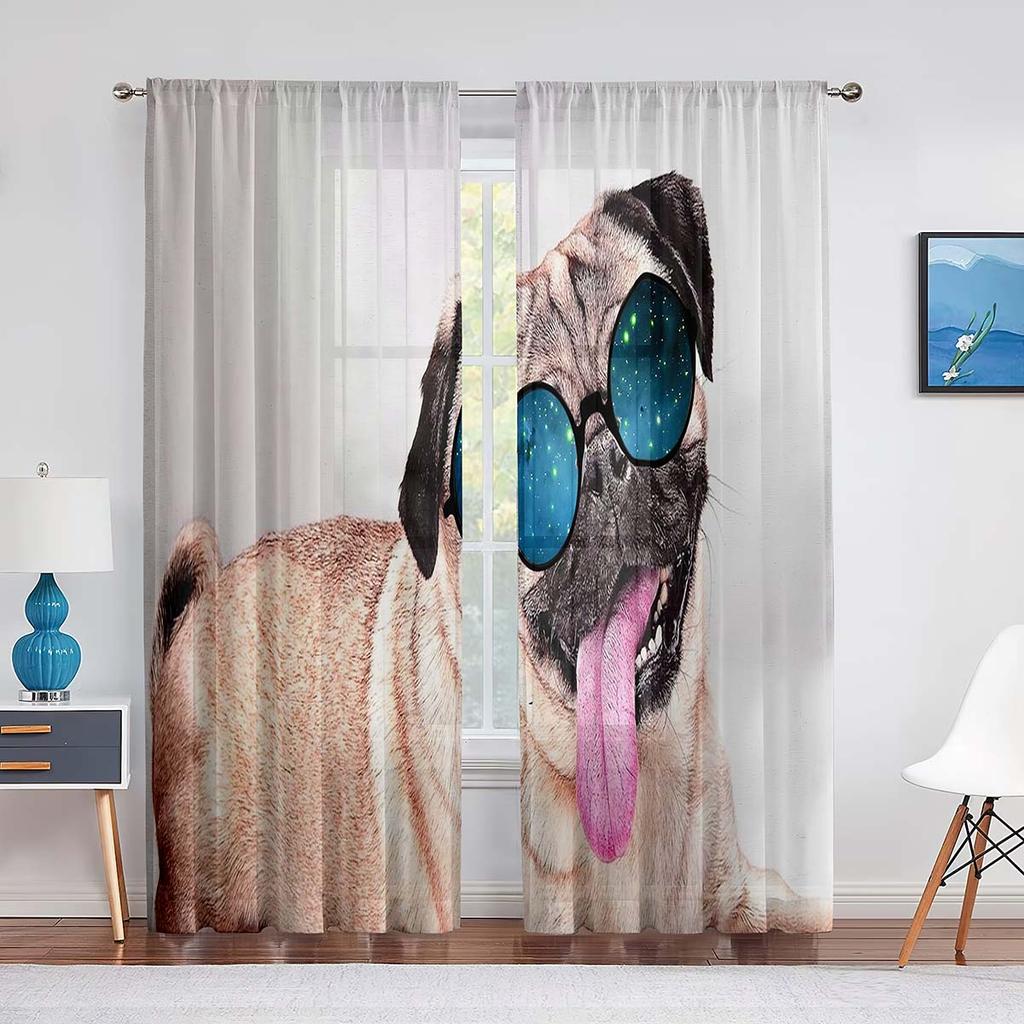 Pug Dog Wearing Glasses Portrait Sheer Voile Curtain Hand Drawn Cartoon Pet Animal Window Tulle Curtains for Living Room Bedroom