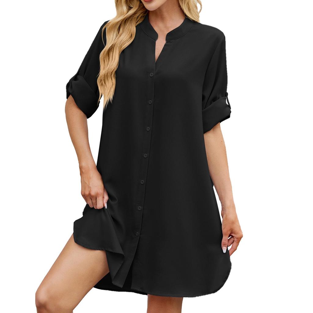 Women's Casual Solid Color Waist Cinched V-neck Dress