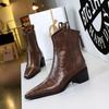 578-10 Retro Hand-Scratched Women's Ankle Boots, European & American Style, Winter Chunky Mid-Heel, Pointed Toe Short Knight Boots
