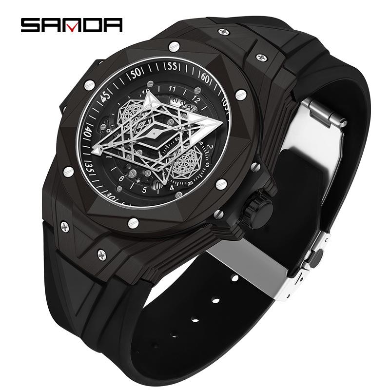 Sanda Men s Skeleton Quartz Wristwatch, Waterproof with Calendar and Geometric Patterns.