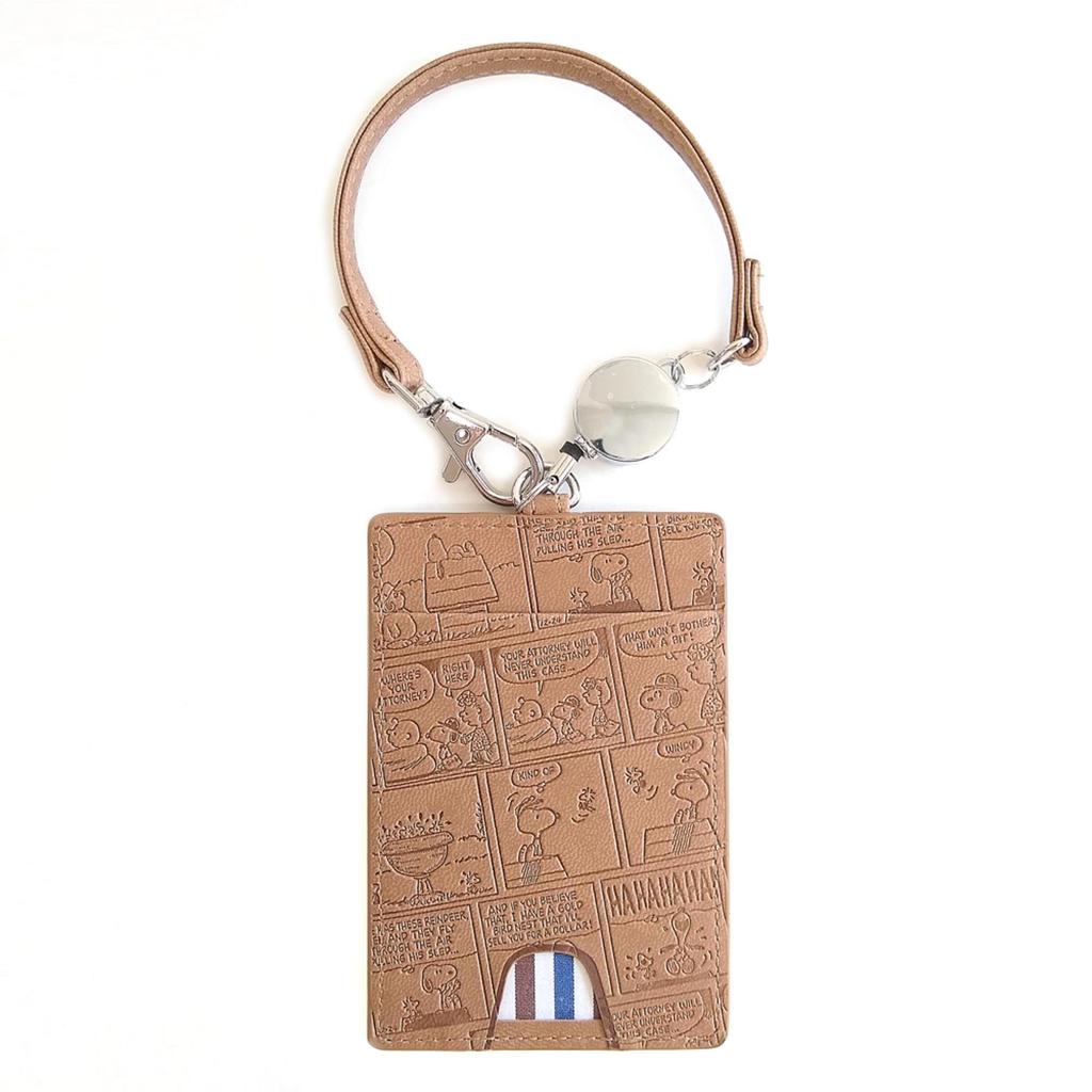 Snoopy Pass Case with Reel Stylish Faux Cute Embossed All IC Card Case Strap, Leather, Design, Comic, Brown,