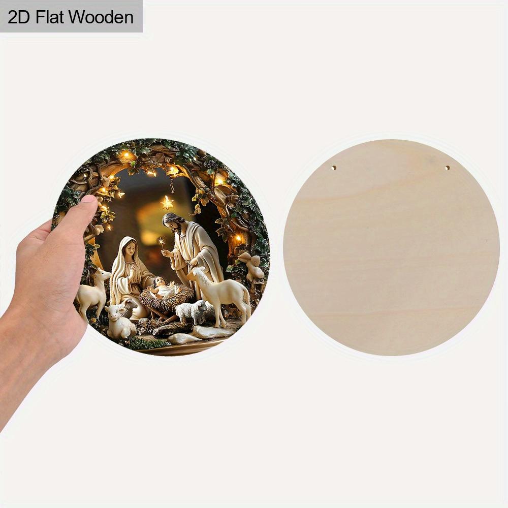 Nativity Scene Wooden Sign, Jesus Chases The Lost Lamb Round Sign for Front Door Wall Hanging Decor, Ideal Christmas Ornament