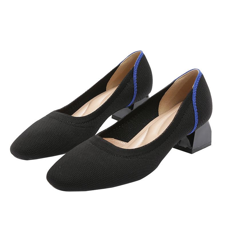 High Heel Square Head Single Shoes Women's Medium Heel Flying Weaving Leopard Print Women's Coarse Heel Comfortable Weaving High Heels