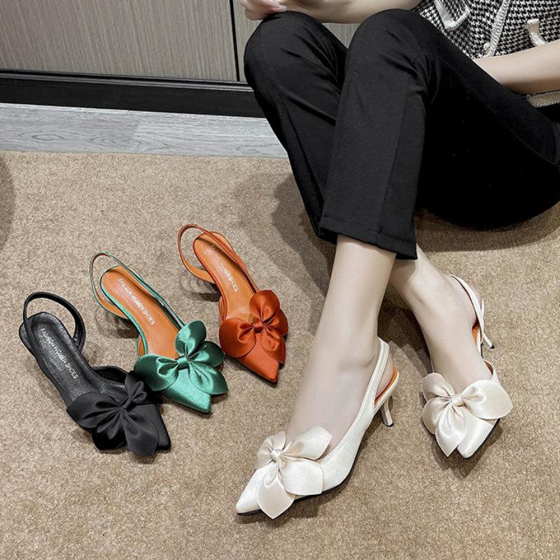 Fashion Lady Kitten Heels Back Strap Sandals Fashionable Silk Statin Big Bow Shoes Heels Back Strap 7cm Pumps in Orange Green 42