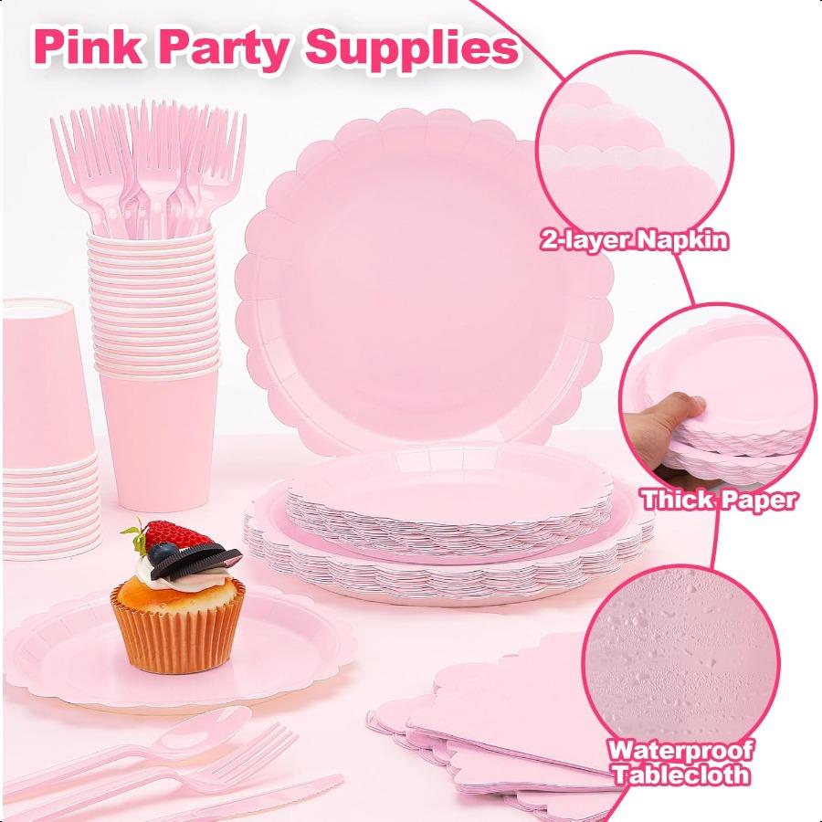 176 Pcs Pink Paper Plates and Napkins Light Pink Party Supplies Include Scalloped Paper Plates Napkins Cup Plastic Tablecloth S