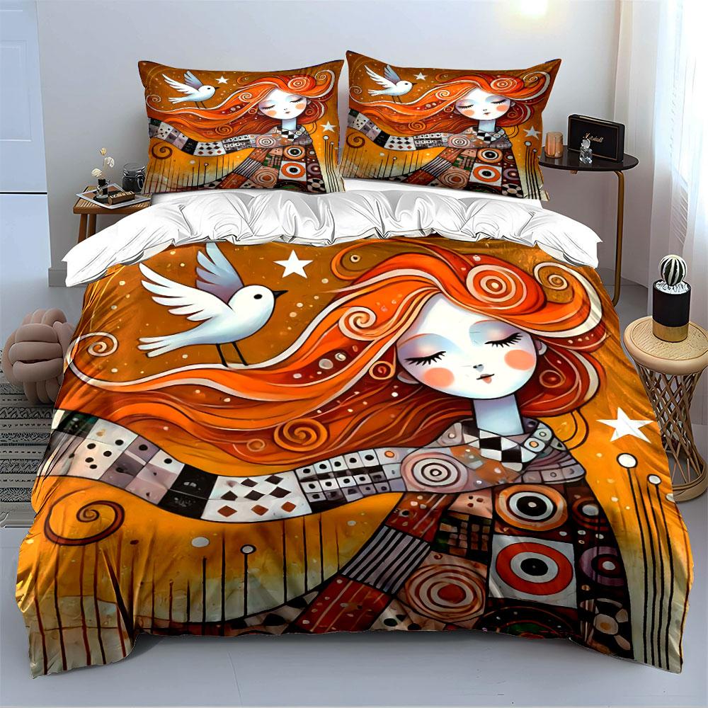Whimsical Girl with Bird Art Bedding Duvet Cover Set Duvet Cover Pillowcases  (1*Duvet Cover 2*Pillowcases, without duvet insert)