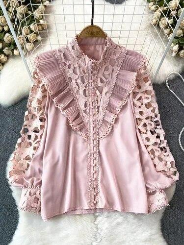 

Винтажная блузка в стиле суда для женщин, с воланами, ажурные кружевные лоскутные рубашки с длинными рукавами-фонариками, женские блузки, Прямая поставка One Size розовый
