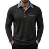Mens Casual Long Sleeve Polo Shirts Contrast Lapel Button T Shirt with Chest Pocket Solid Color Daily Business Tops
