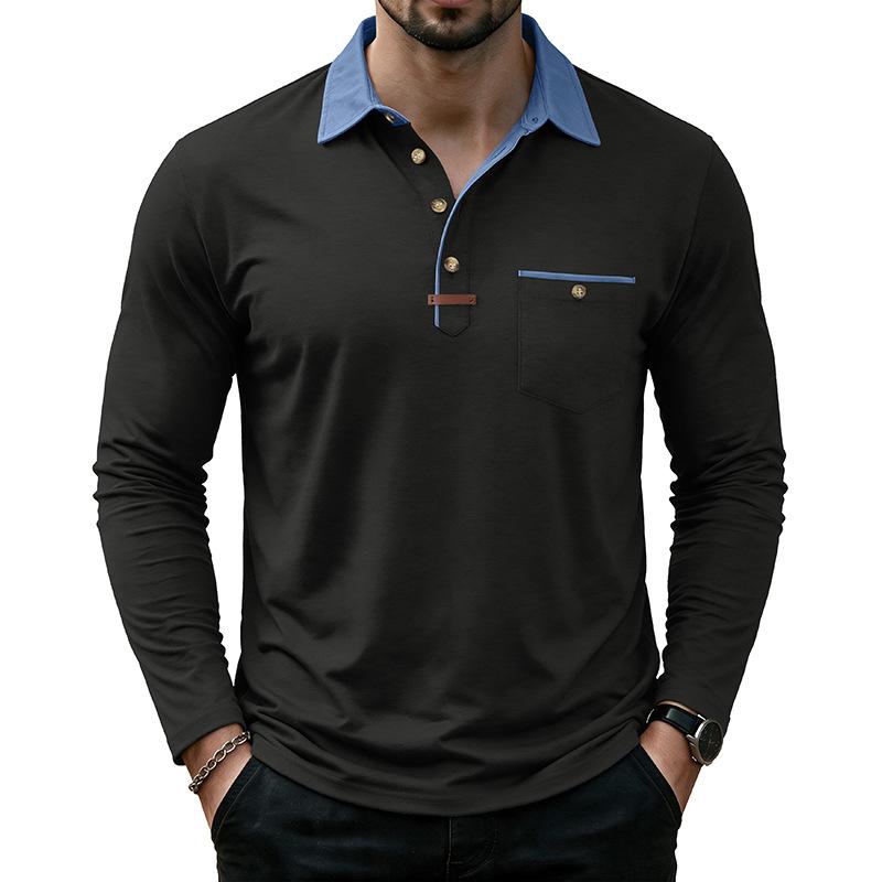 Mens Casual Long Sleeve Polo Shirts Contrast Lapel Button T Shirt with Chest Pocket Solid Color Daily Business Tops