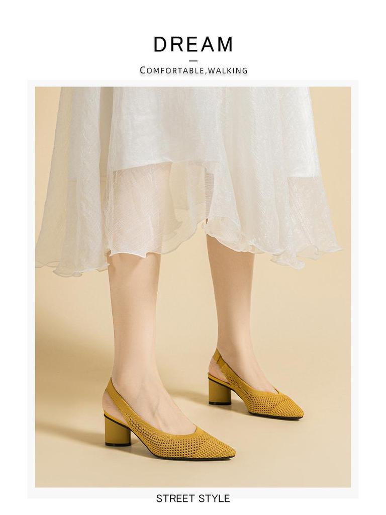 BT663 Princess Cutout Knitted Sandals - Round/Pointed Toe, Back Strap, Low Cut, Chunky Heel