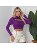 European Hollow Slimming Knit Top: Pure Color, Ribbed, Cropped Long Sleeve T-shirt with Round Neck for Women