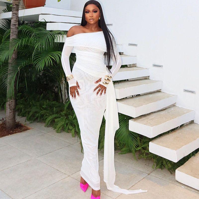 

European and American Women s Clothing Autumn New Style Elegant Solid Color One-Shoulder Long-Sleeve Dress with Ribbon and Slim Fit Mesh Dress White S