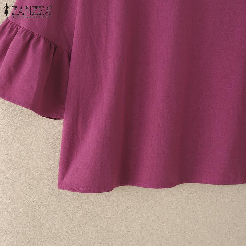 ZANZEA Women Casual Round Neck Solid Color Loose 3/4 Sleeve Blouse