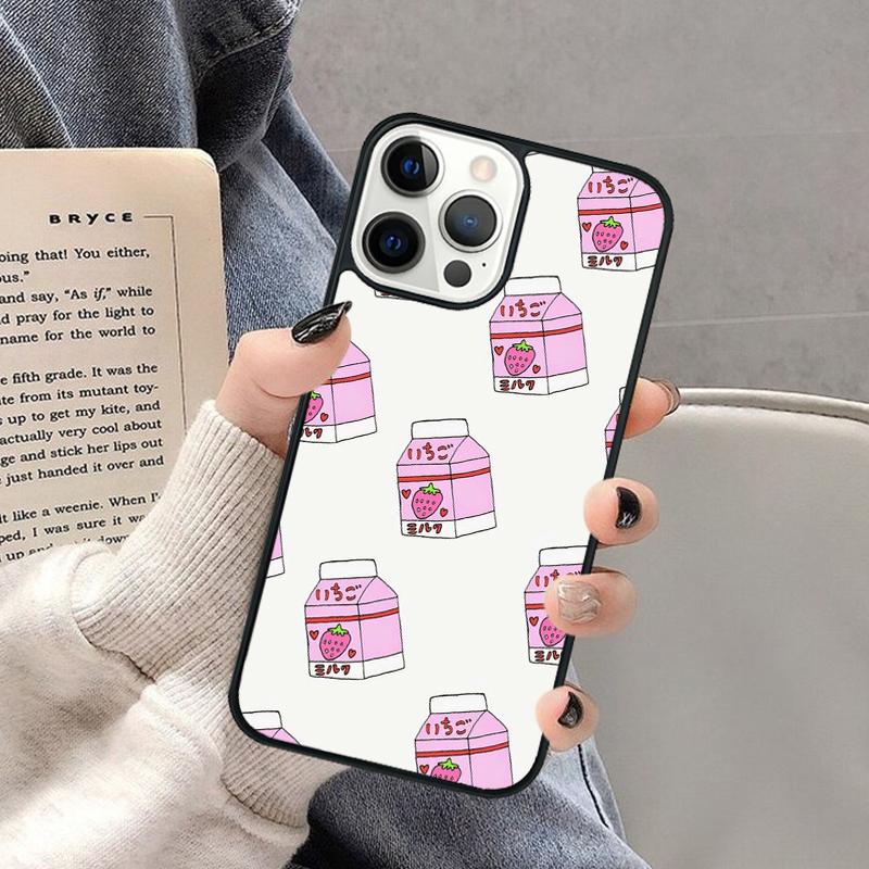 Kawaii Japanese Strawberry Milk Drink Bottle Phone Case for iPhone 17 Air 16 16e 15 Plus for Apple 13 11 12 14 Pro Max