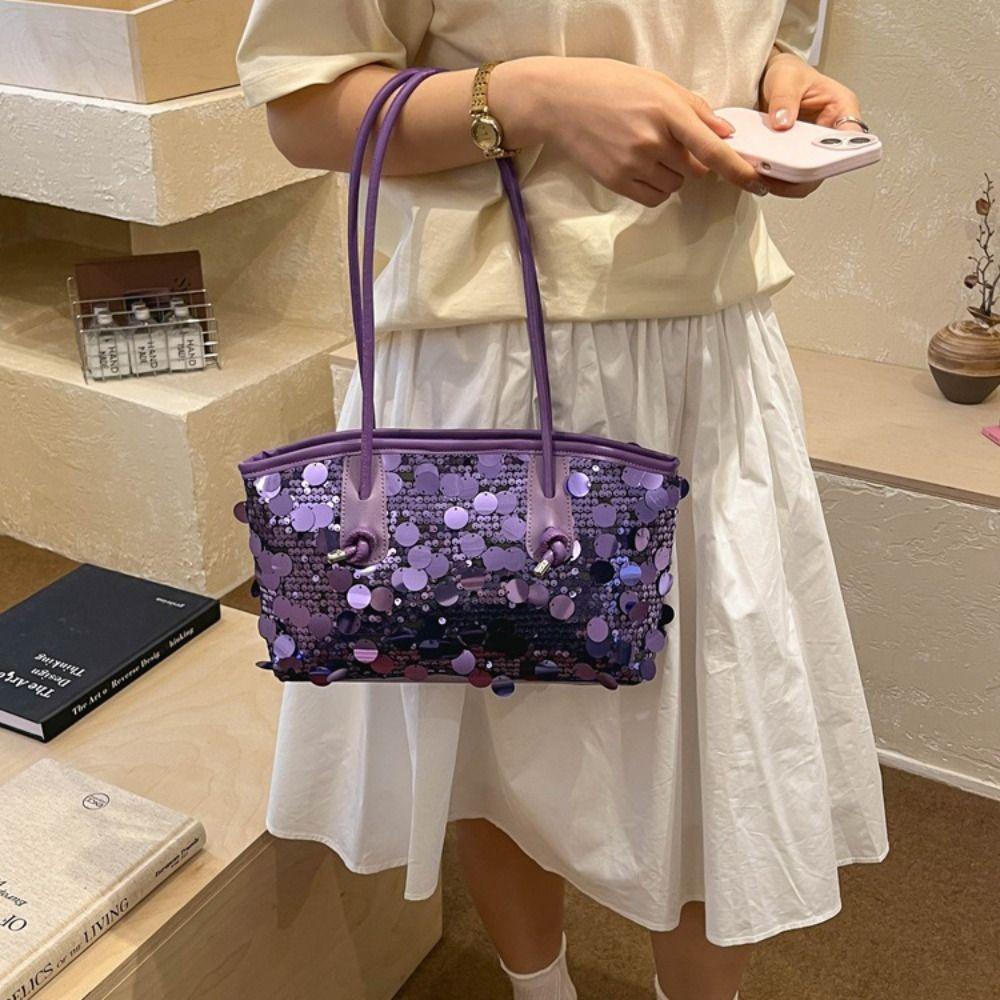 Fashion Shiny Sequin Tote Bag Sequined Fashion Glitter Shoulder Bag Underarm Bag Large Blingbling Handbag Outdoor