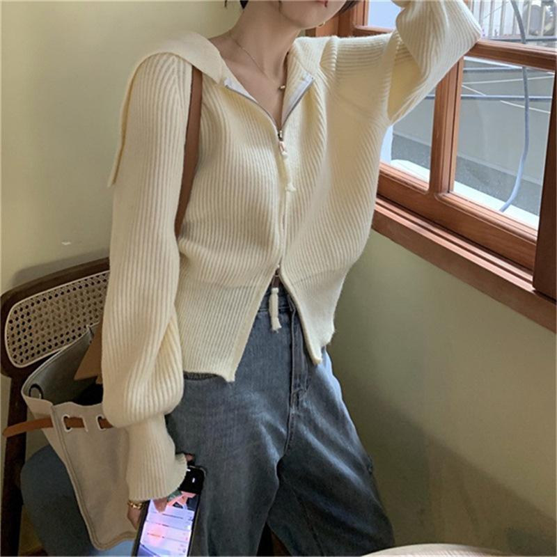 

Синий воротник однотонный свитер на молнии женские куртки осень ленивый ветер короткий трикотажный кардиган топы удобный универсальный и модный One size бежевый