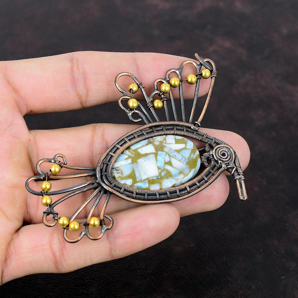 Copper Larimar Pendant Copper Wire Wrapped Gemstone Pendant Dainty Copper Jewelry Bird Pendant Handmade Pendant Larimar Jewelry Gift For Her